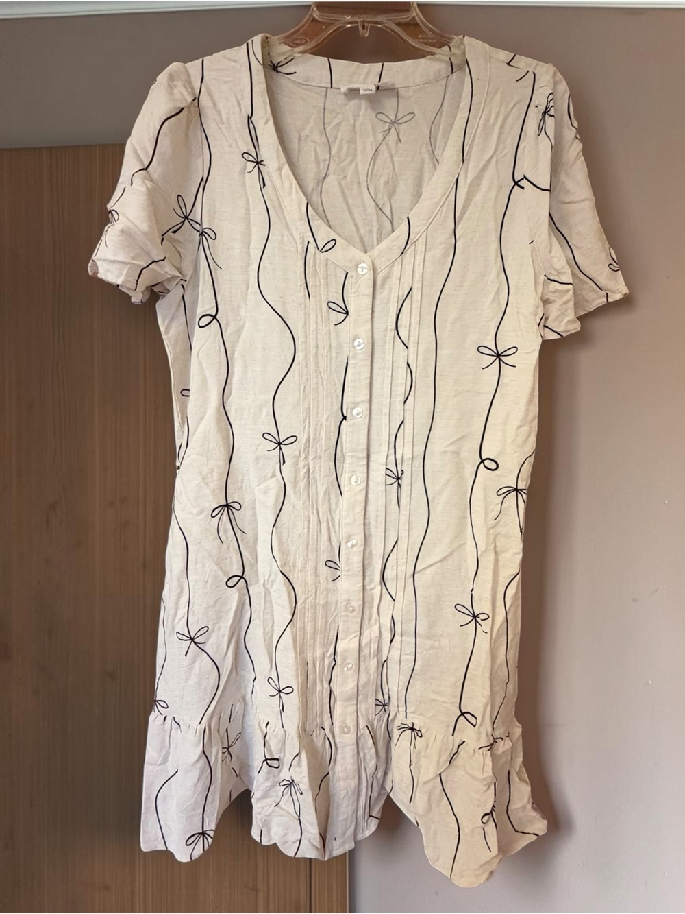 Jane + Delancey Bow Print Linen Blend Dress Size L Cream Black Coquette Ruffle